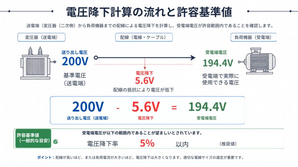 電圧降下計算の流れと許容基準値