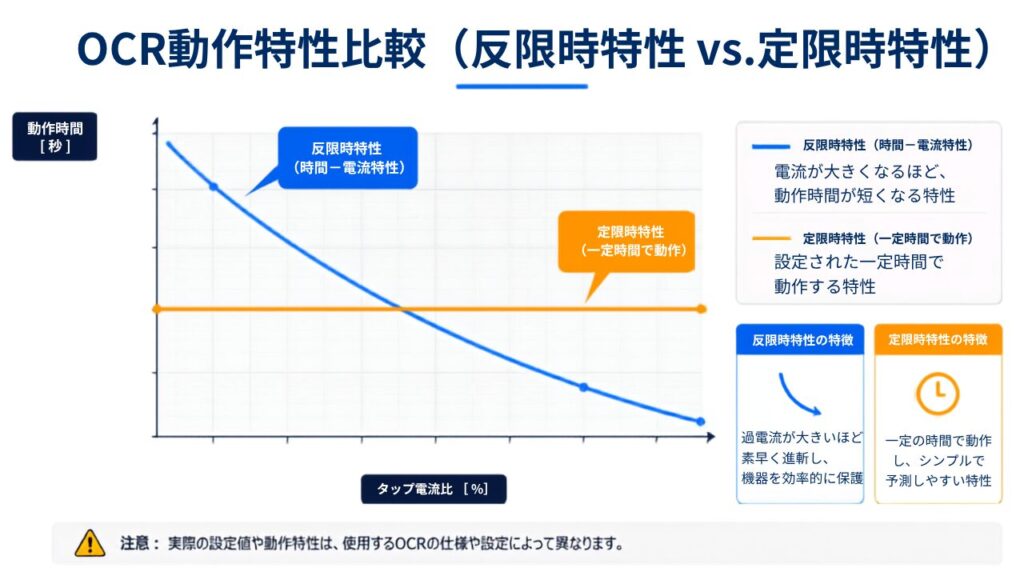 過電流継電器（OCR）の反時性特性カーブと定時性特性の動作時間比較グラフ